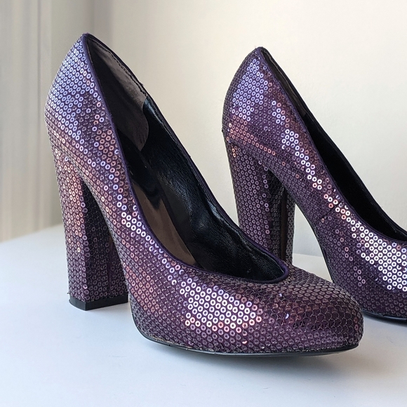 purple sequin closed toe chunky heel pump, 8 - Picture 2 of 12